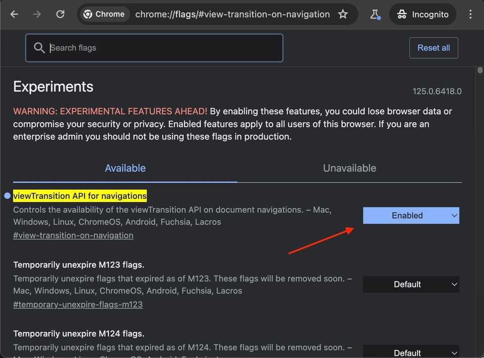 Enabling View Transitions in Chrome Canary