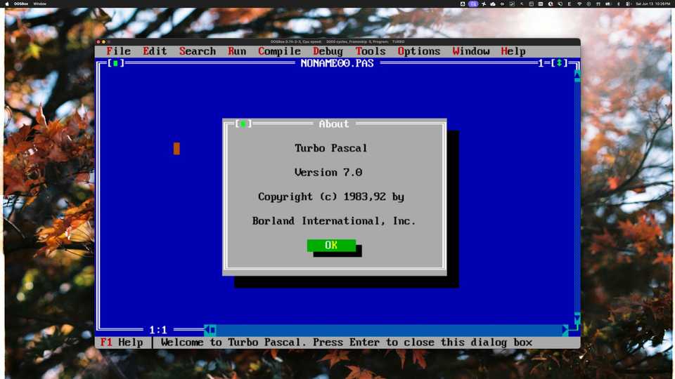 Turbo Pascal 7.0 IDE running inside DOSBox on macOS