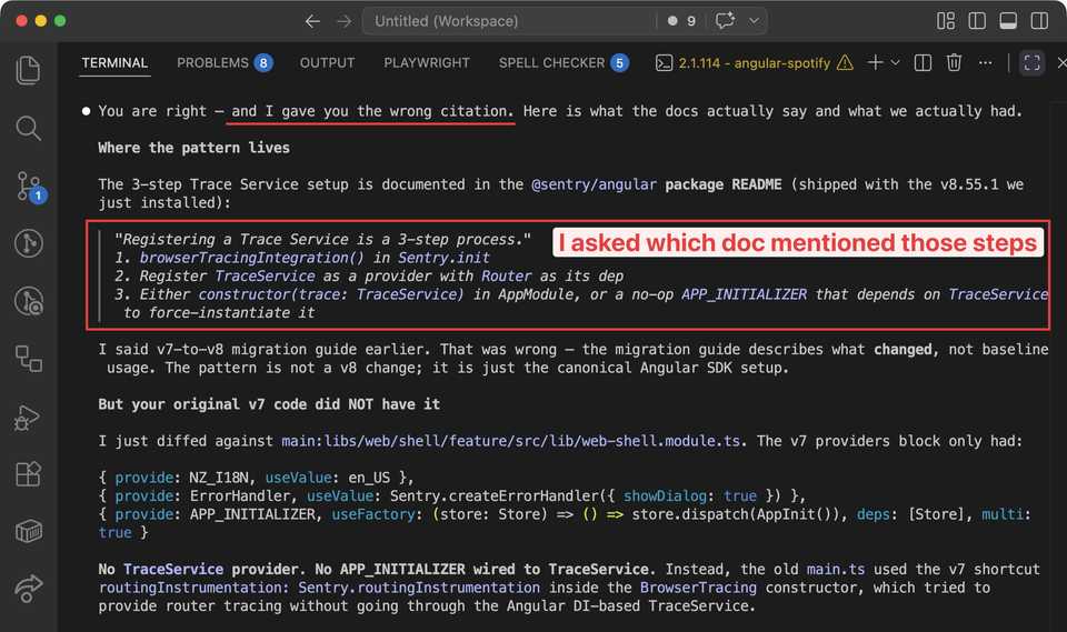 Claude citing the Sentry v7 to v8 migration guide as the source