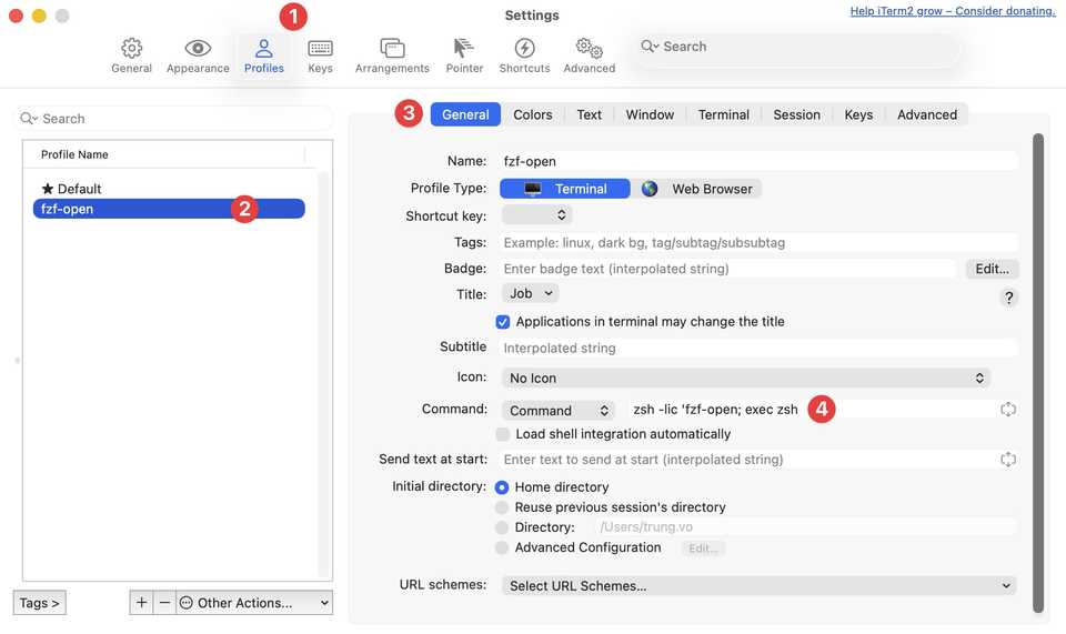 Creating the fzf-open profile in iTerm2