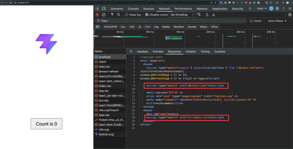 Network tab of the Vite dev server: index.html loads @react-refresh, /@vite/client and /src/main.tsx as module scripts