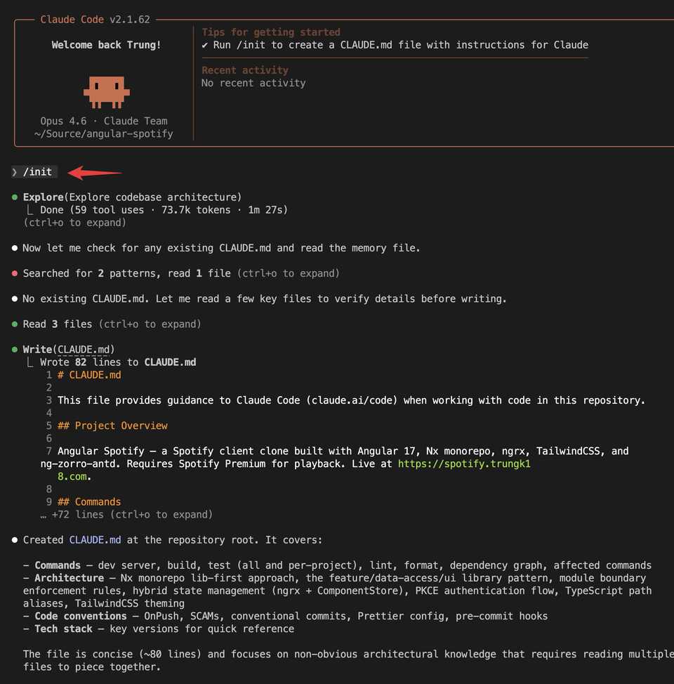 Init command generating CLAUDE.md