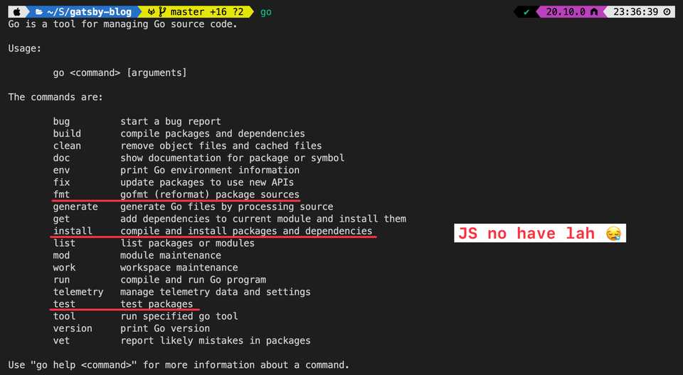 Output of the go command, with install, fmt and test underlined, and a note: JS no have lah