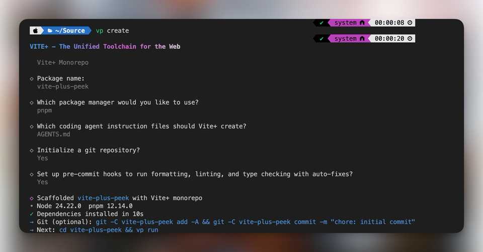 vp create scaffolding a Vite+ monorepo: package name, pnpm, AGENTS.md, git repository and pre-commit hooks
