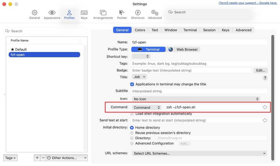 iTerm2 profile command pointing to fzf-open.sh