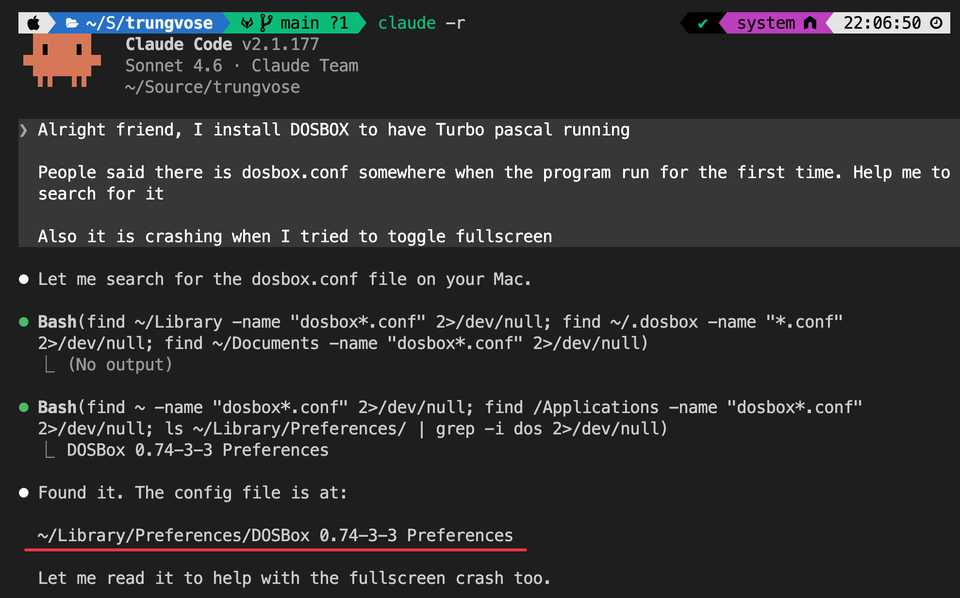 Asking Claude Code to locate the DOSBox config file