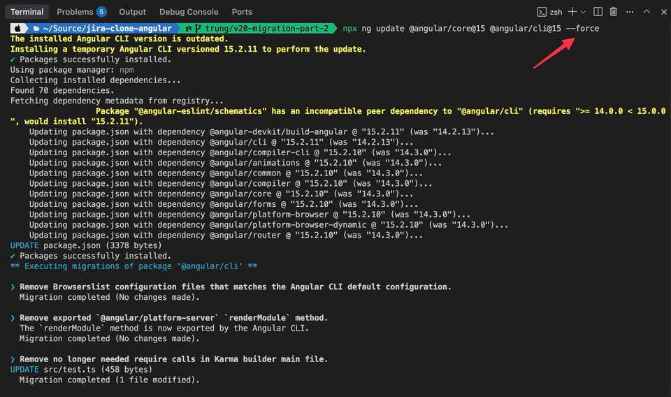 npx ng update @angular/core@15 @angular/cli@15 --force