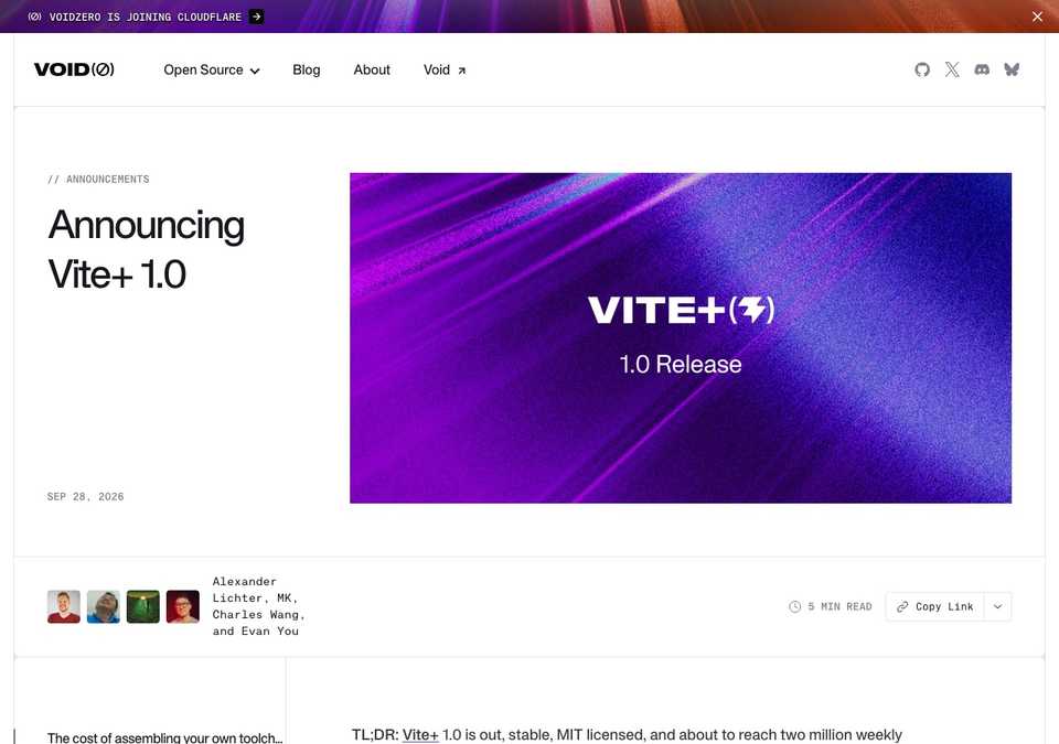 Announcing Vite+ 1.0 on the VoidZero blog