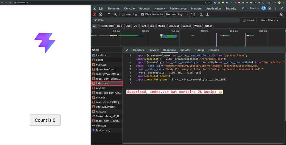 index.css as served by Vite in dev: a JS module that injects the CSS with updateStyle