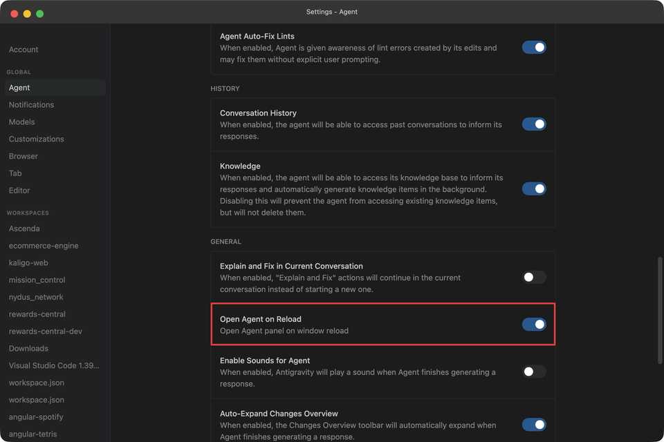 Open Agent on Reload setting under the Agent section