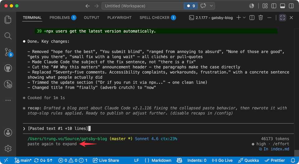 Claude Code showing the collapsed pasted text with a tooltip that reads "paste again to expand"