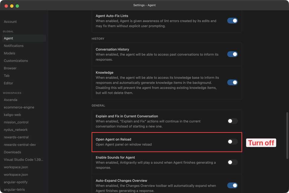 Turning off the Open Agent on Reload toggle