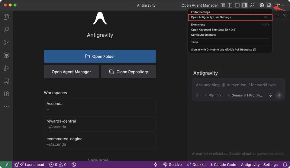 Opening Antigravity User Settings from the gear icon